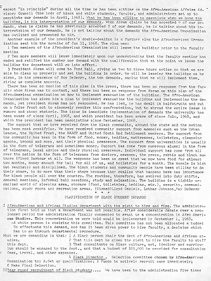 Page 2 of a printed, multi-page newsletter, entitled Black Bulletin #1; black text on white background. The cover includes a photo of a sign with a picture of Malcolm X that states "Malcolm X University" hanging from a window in Ford Hall.