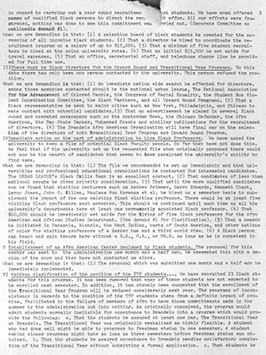 Page 3 of a printed, multi-page newsletter, entitled Black Bulletin #1; black text on white background. The cover includes a photo of a sign with a picture of Malcolm X that states "Malcolm X University" hanging from a window in Ford Hall.