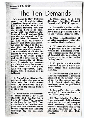 Newsclipping listing the ten demands of the Brandeis Afro-American Organization, dated January 14, 1969.