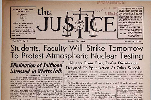 Front page of a newspaper; black text on white background; dated October 31, 1961. Main headline states: "Students, Faculty Will Strike Tomorrow To Protest Atmospheric Nuclear Testing."