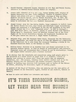 Fourth page of a multi-page booklet; black text on white background; at the bottom of the page it states in large font: "It's Their Economic Crisis, Let Them Bear The Burden." 