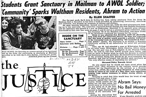 Clipping of an article from The Justice entitled "Students Grant Sanctuary in Mailman to AWOL Soldier; 'Community Sparks Waltham Residents, Abram to Action;" black text on white background.