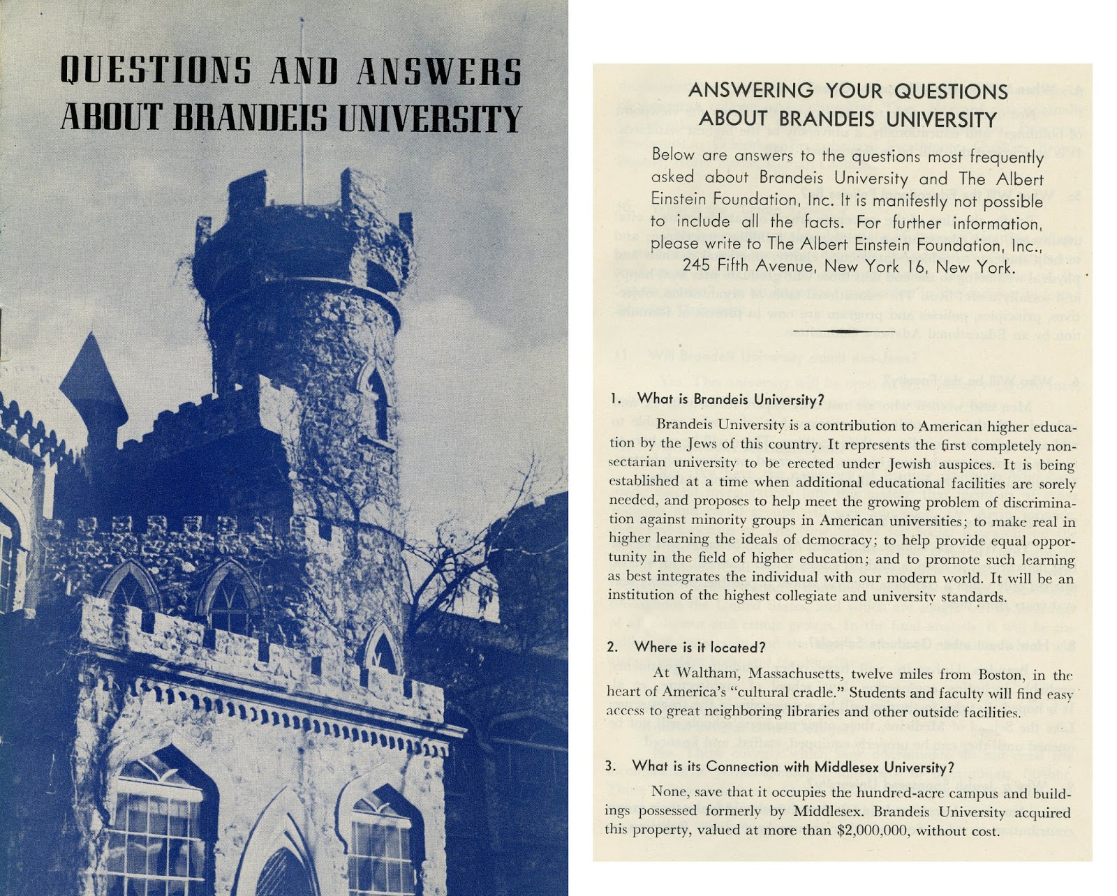 Questions and Answers About Brandeis Brochure ca. 1948, with photo of Usen Castle on the cover