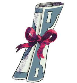 An illustration showing a red bow tied around a rolled dollar bill