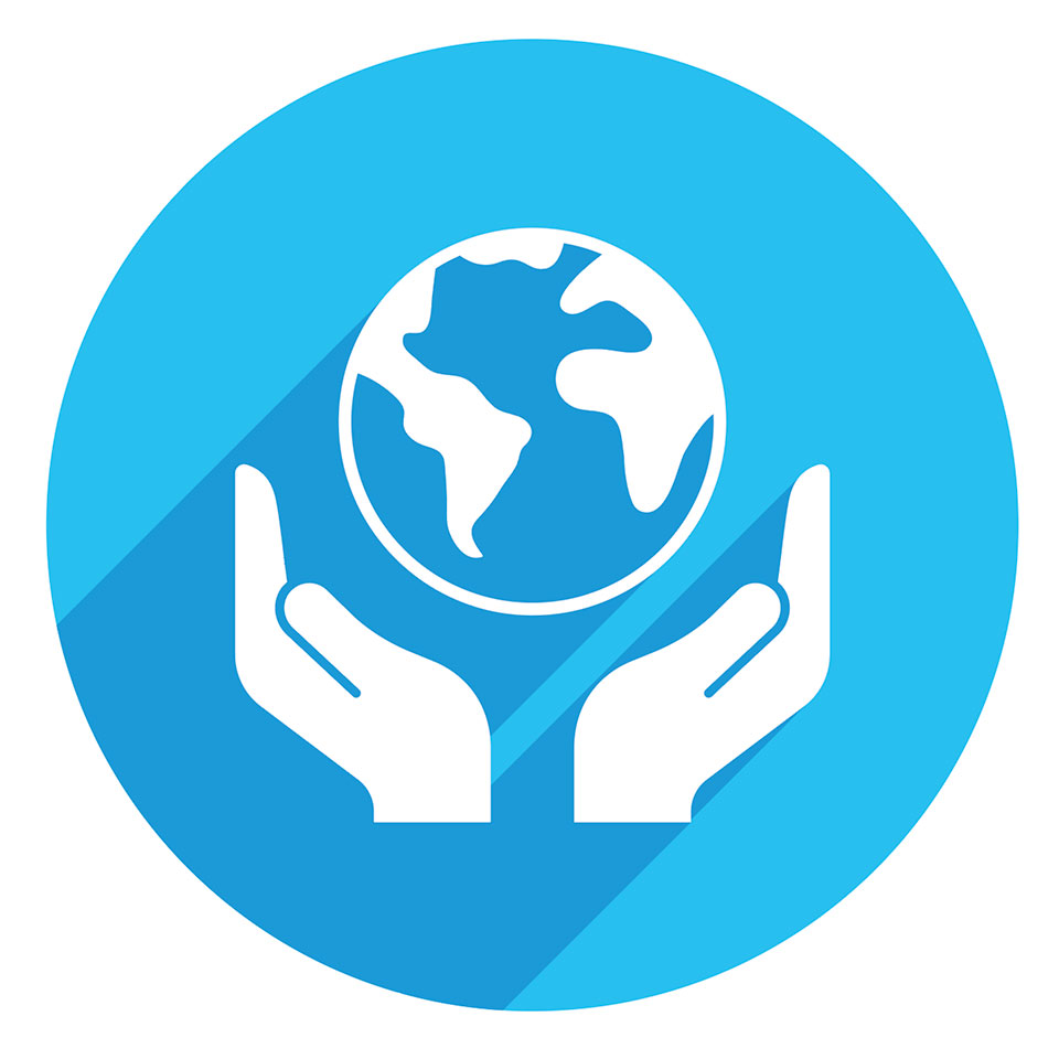 A blue circle with hands holding a globe.