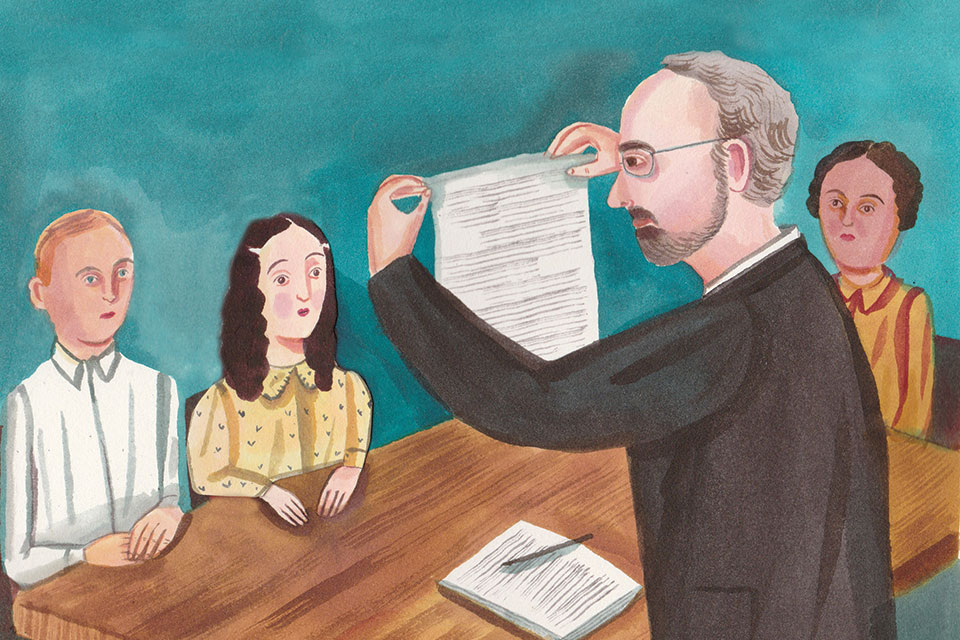 An illustration of a person showing a letter to three people