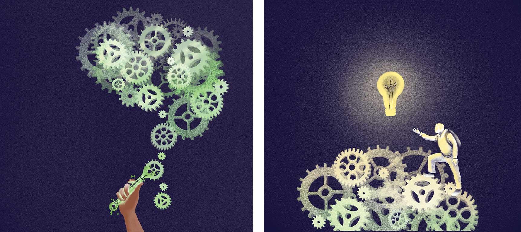 Two illustrations in a collage: One of a hand holding a tool generating a brain made out of gears; the other of a person with a backpack climbing a mountain of gears to a glowing light bulb.