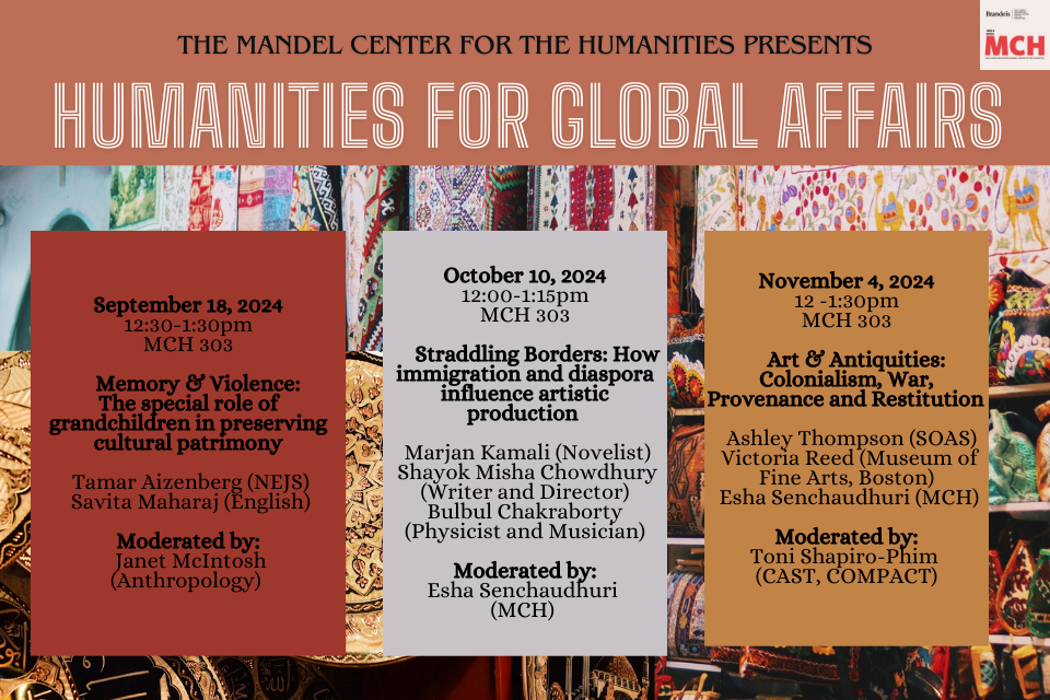 A poster for three programs in Global Affairs with a background of a bazaar and antiques 