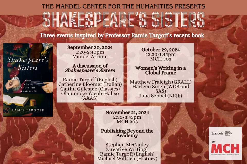 Poster for Shakespeare's Sisters. A red brocade background like a dress from the Tudor period. 