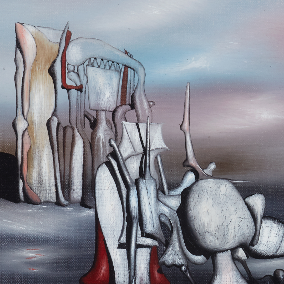 Detail of painting with biomorphic figures in a landscape