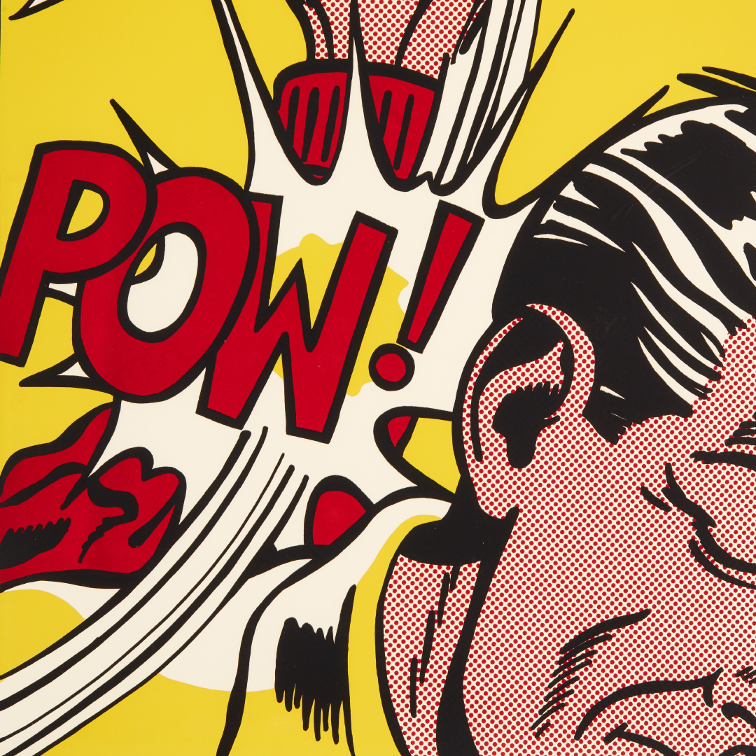 Pop art painting  with the words "pow" and a fist hitting the side of a man's face.
