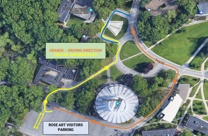 Aerial map of the Rose Art Museum and available parking