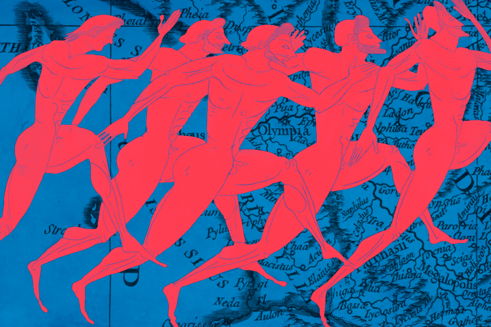 An illustration from an ancient Greek vase with runners in red against a blue background