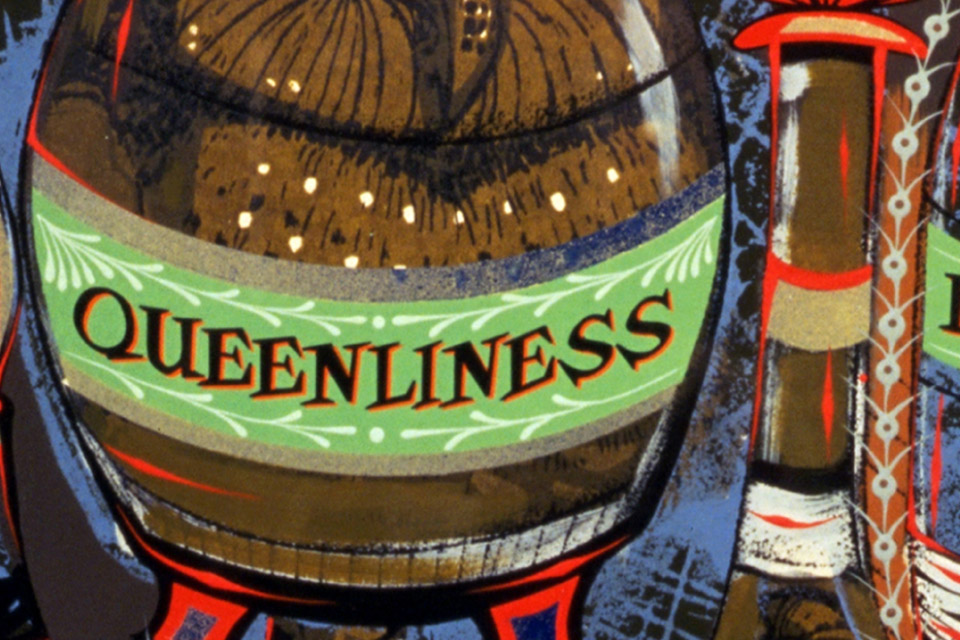 Painting by Lari Pittman that featured bottles labeled "Queenliness"
