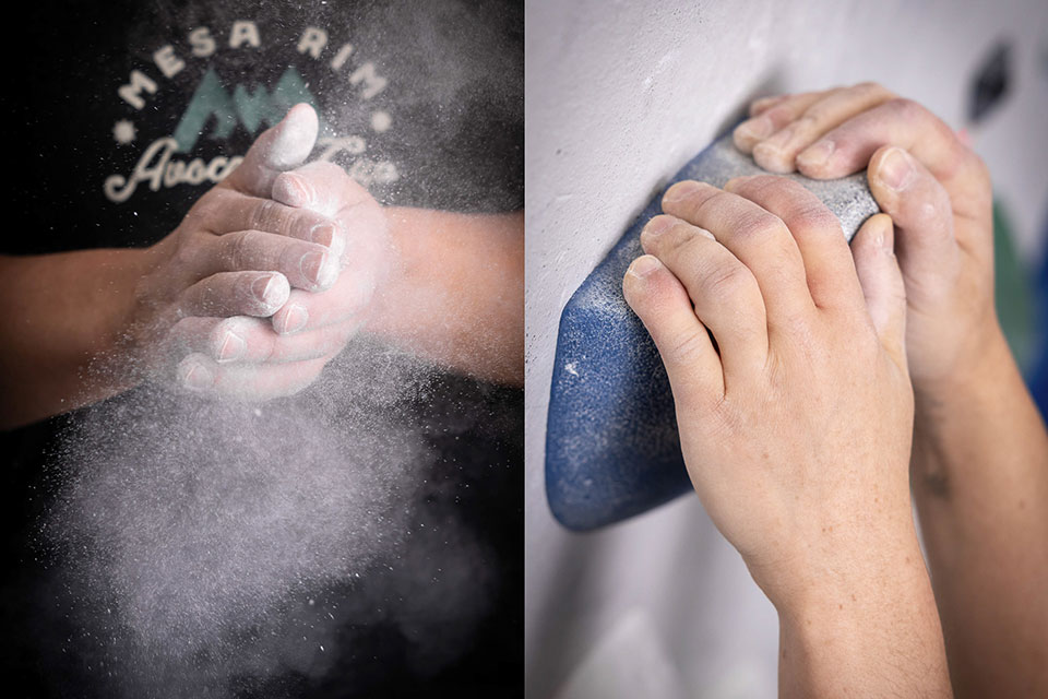 A photo collage shows two closeup images of Sora Haagensen's hands. In one, dust floats into the air as she rubs powdered chalk on her palms and fingers. In the other, her chalk-covered hands grip a plastic indoor climbing hold.