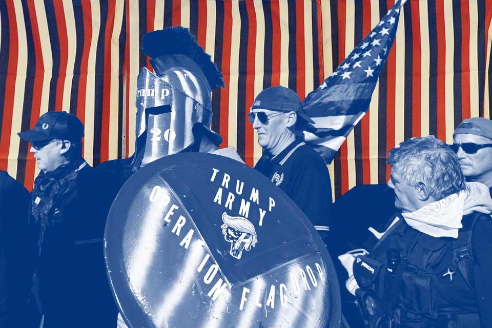 Red, white and blue striped background. People in the foreground are shaded with blue. One person wears armor, and a shield reads: Trump Army Operation Flag Drop