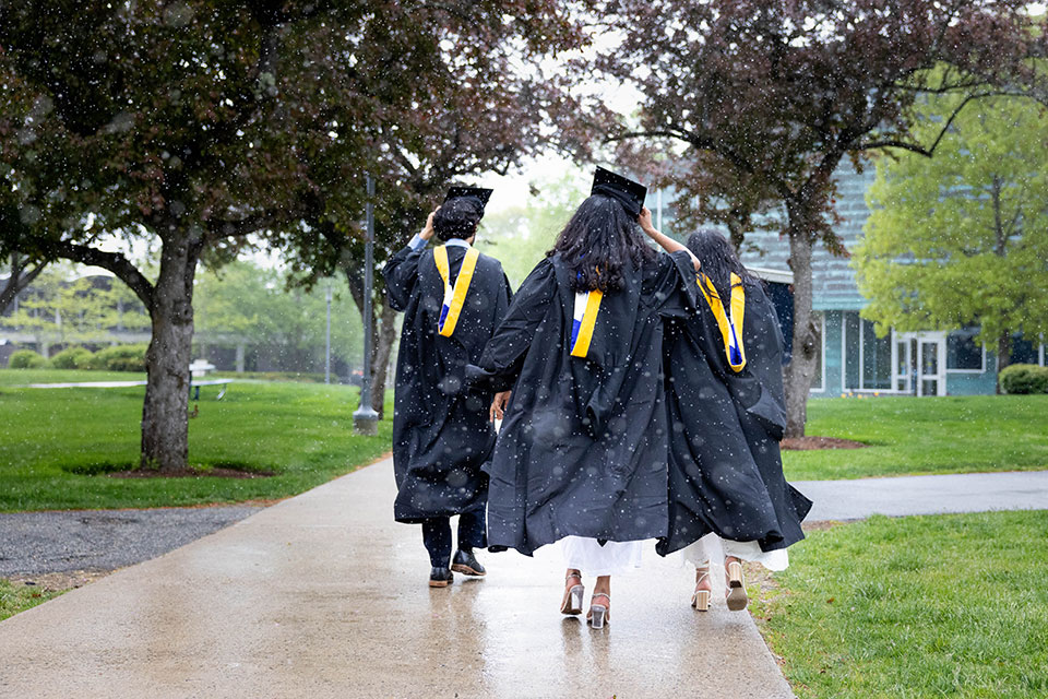 Three graduates dressed in Commencement attire walk in the rain with their backs to the camera.