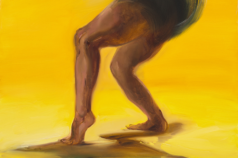 yellow background, with legs in prancing pose, torso and head are thick painted gestures rising wildly 
