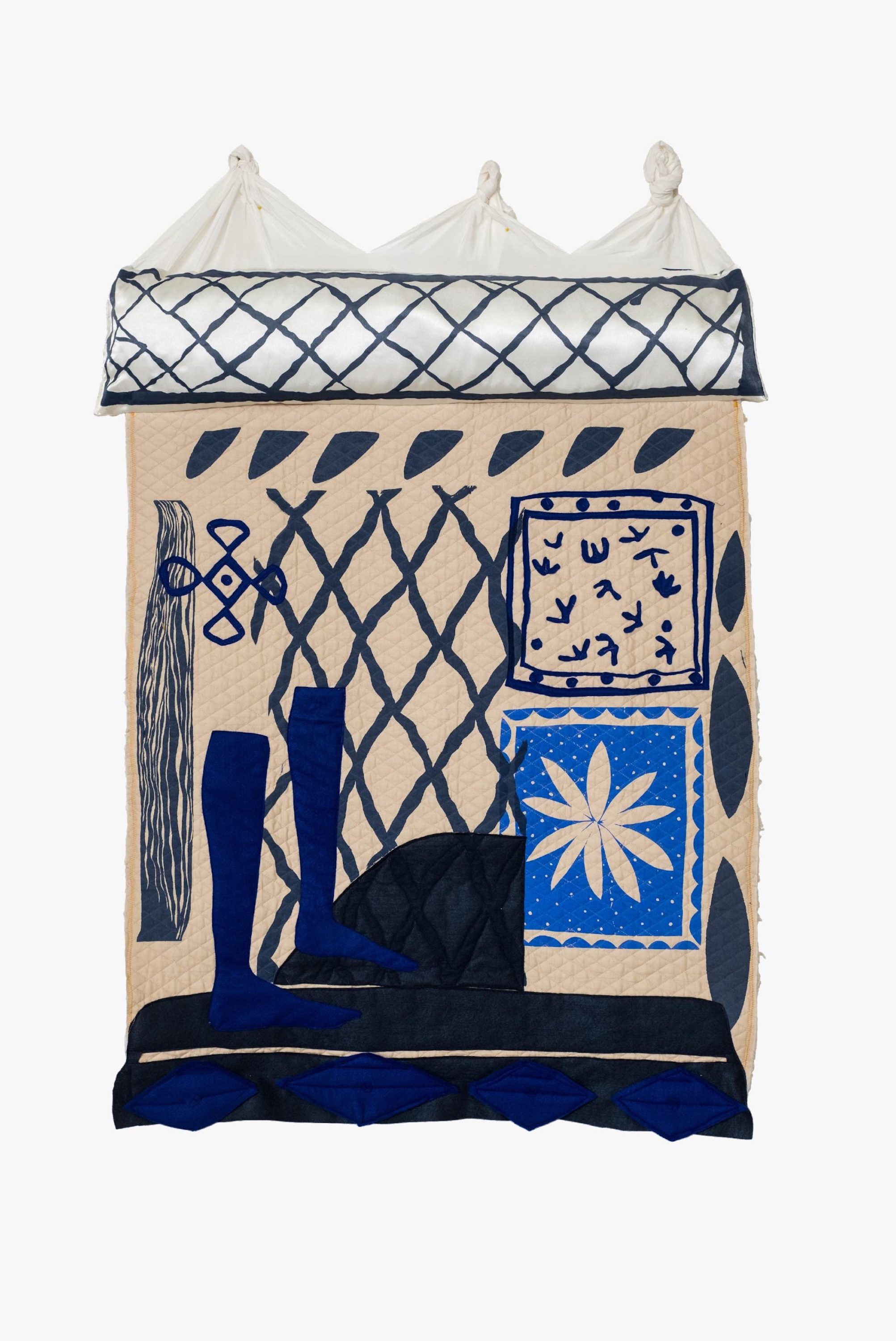 A fiber work with a cream background and blue and black elements depicting disembodied feet standing on a threshold outside of a dwelling with a hatched door.